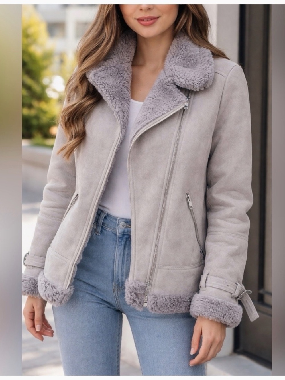 Hollister Gray Faux Shearling Moto Jacket